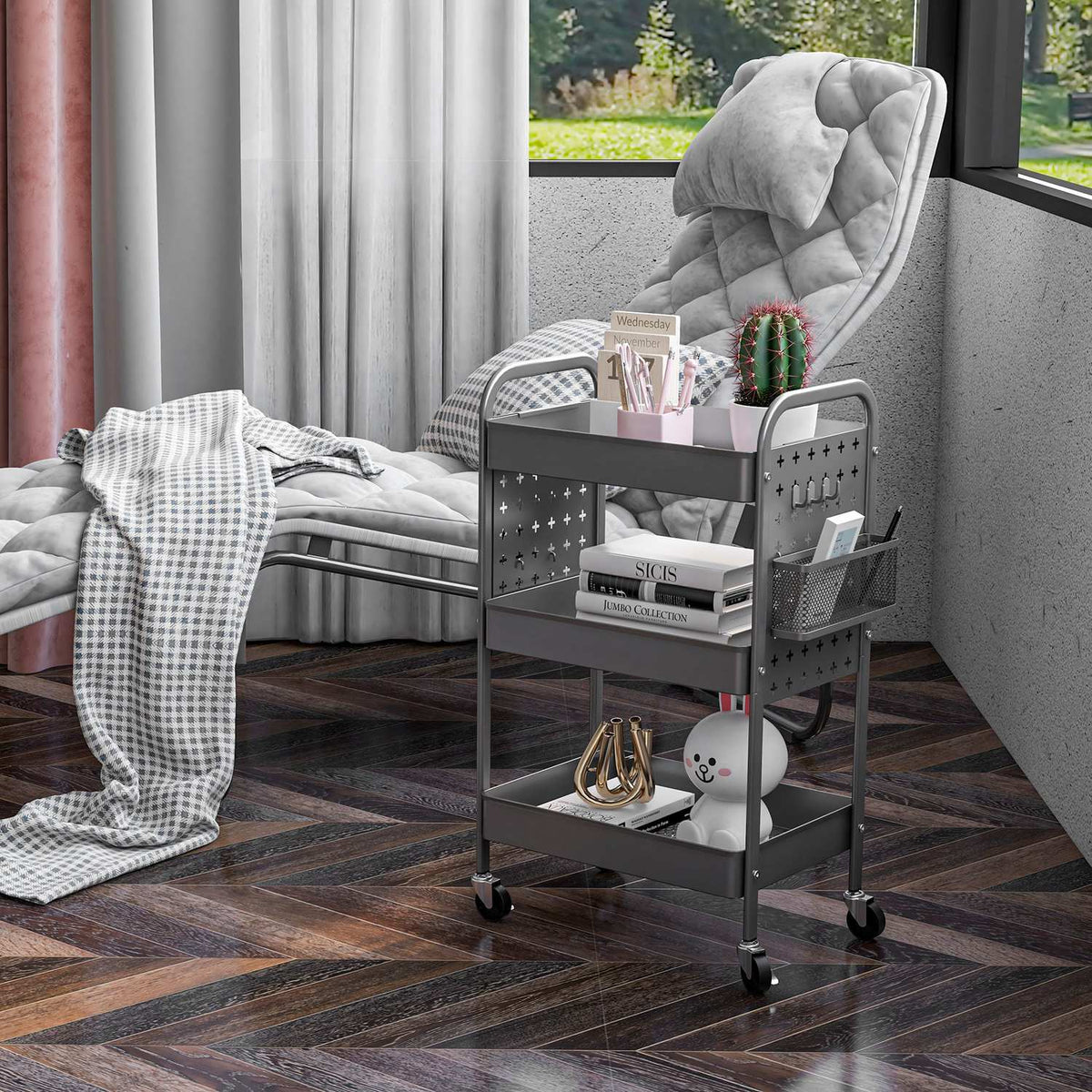 Rolling Trolley, 3 Tier Serving Trolley, 2 Hanging Baskets, Storage Trolley With Handle, Kitchen Trolley, Side Trolley, Steel, Dark Grey