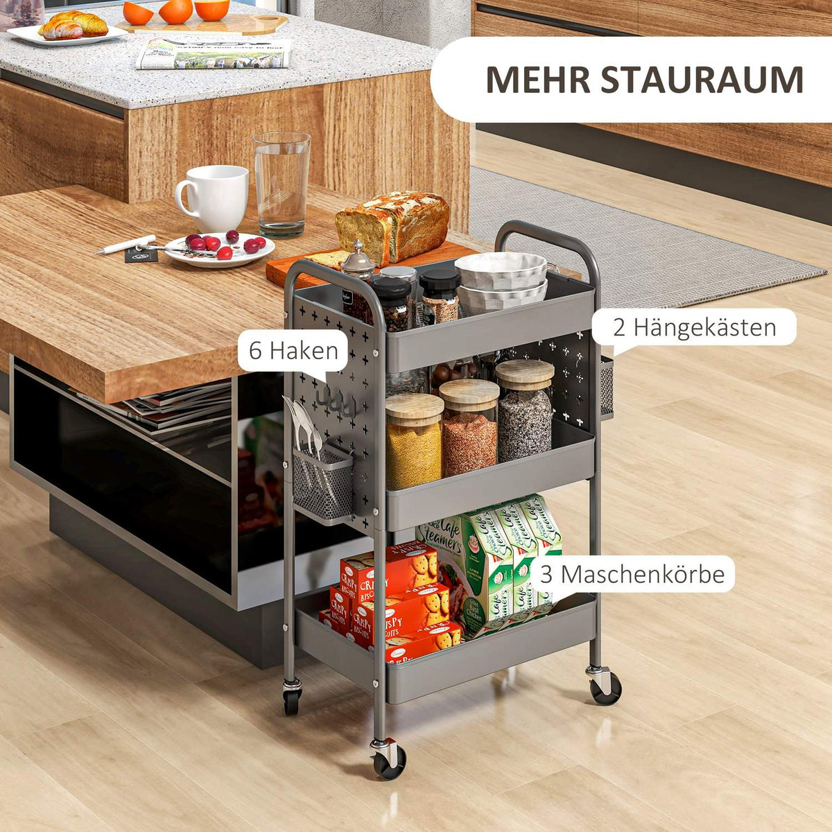 Rolling Trolley, 3 Tier Serving Trolley, 2 Hanging Baskets, Storage Trolley With Handle, Kitchen Trolley, Side Trolley, Steel, Dark Grey