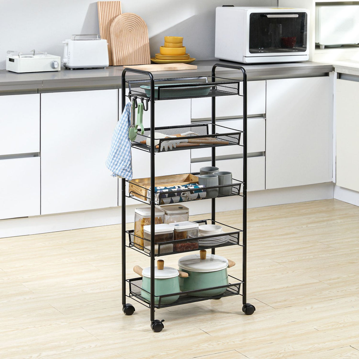 Rolling Trolley 4 Tier Serving Trolley 5 Baskets Storage Trolley with Handle Kitchen Trolley for Kitchen Living Room Steel Black