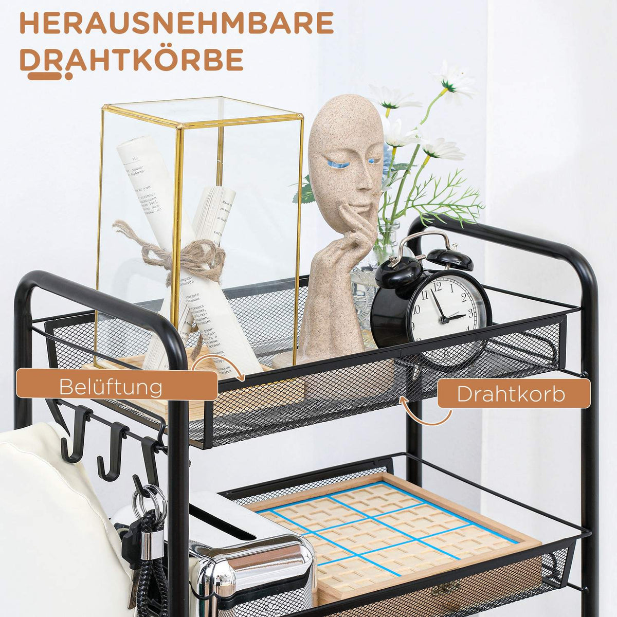 Rolling Trolley 4 Tier Serving Trolley 5 Baskets Storage Trolley with Handle Kitchen Trolley for Kitchen Living Room Steel Black