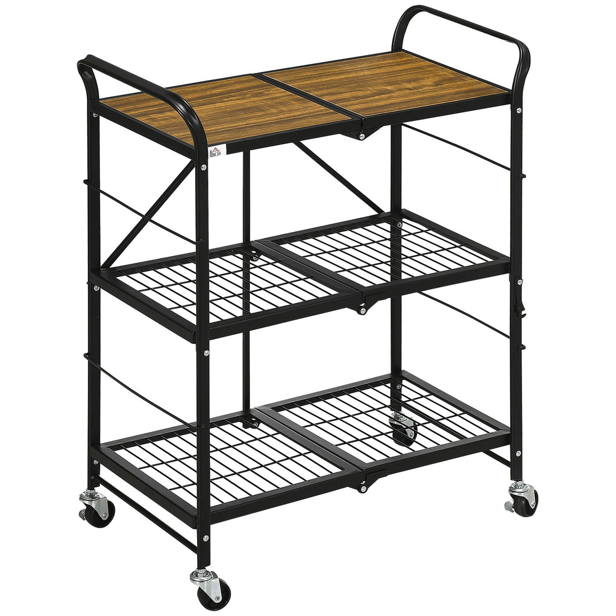 Rolling Trolley, Folding Kitchen Trolley, Serving Trolley With 3 Levels And Handle, On 4 Wheels, Steel, Brown + Black