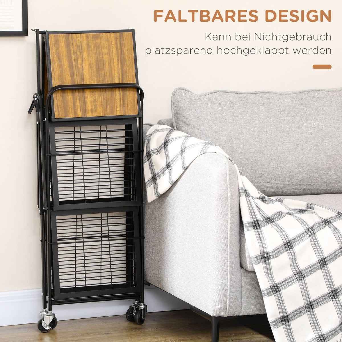 Rolling Trolley, Folding Kitchen Trolley, Serving Trolley With 3 Levels And Handle, On 4 Wheels, Steel, Brown + Black