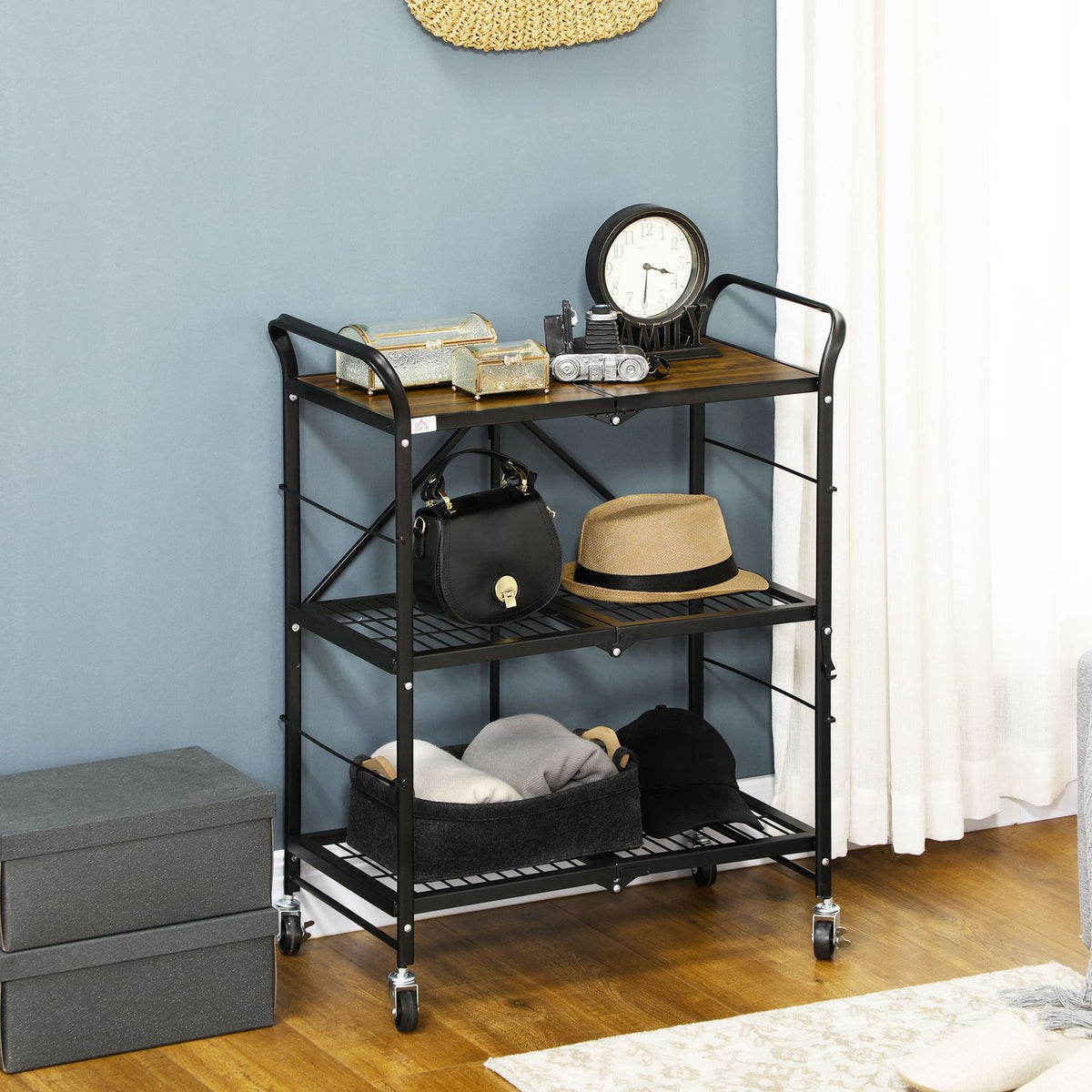 Rolling Trolley, Folding Kitchen Trolley, Serving Trolley With 3 Levels And Handle, On 4 Wheels, Steel, Brown + Black