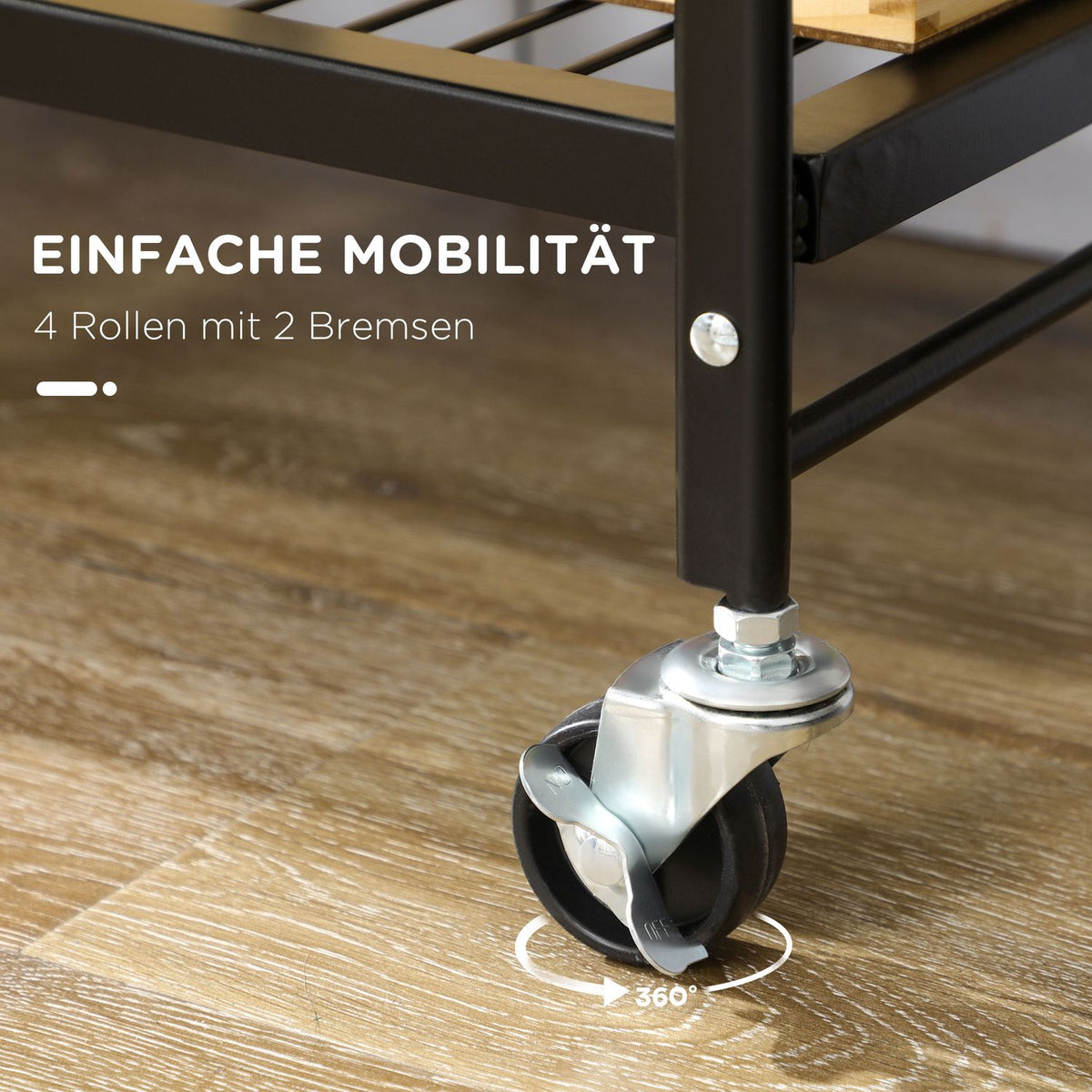 Rolling Trolley, Folding Kitchen Trolley, Serving Trolley With 3 Levels And Handle, On 4 Wheels, Steel, Brown + Black