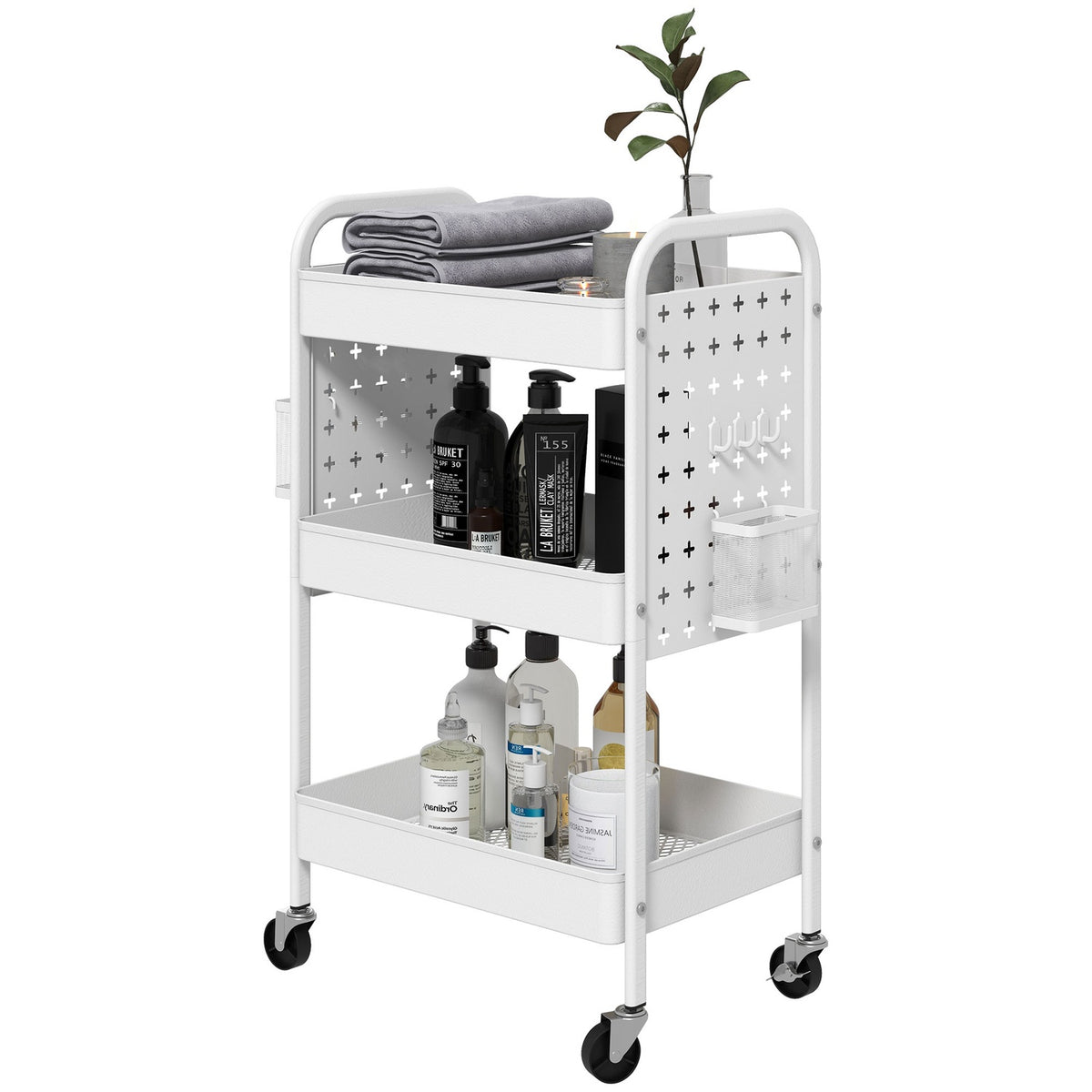 Rolling Trolley Serving Trolley With 3 Tiers & 2 Hanging Baskets Storage Trolley For Kitchen Living Room Steel White