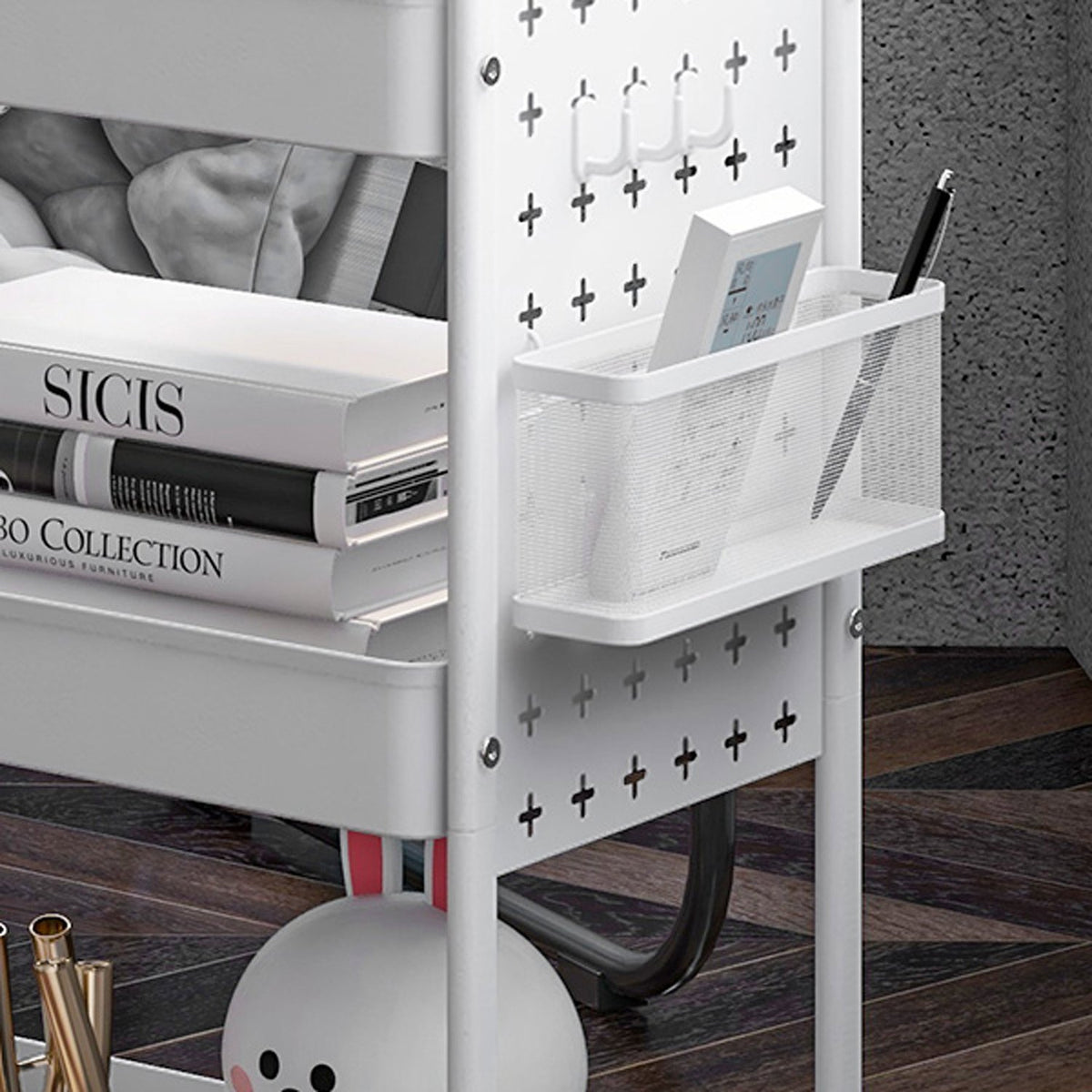 Rolling Trolley Serving Trolley With 3 Tiers & 2 Hanging Baskets Storage Trolley For Kitchen Living Room Steel White