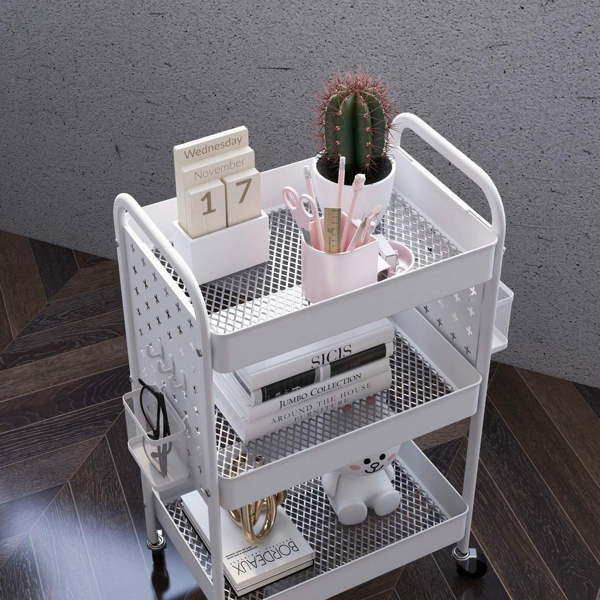 Rolling Trolley Serving Trolley With 3 Tiers & 2 Hanging Baskets Storage Trolley For Kitchen Living Room Steel White