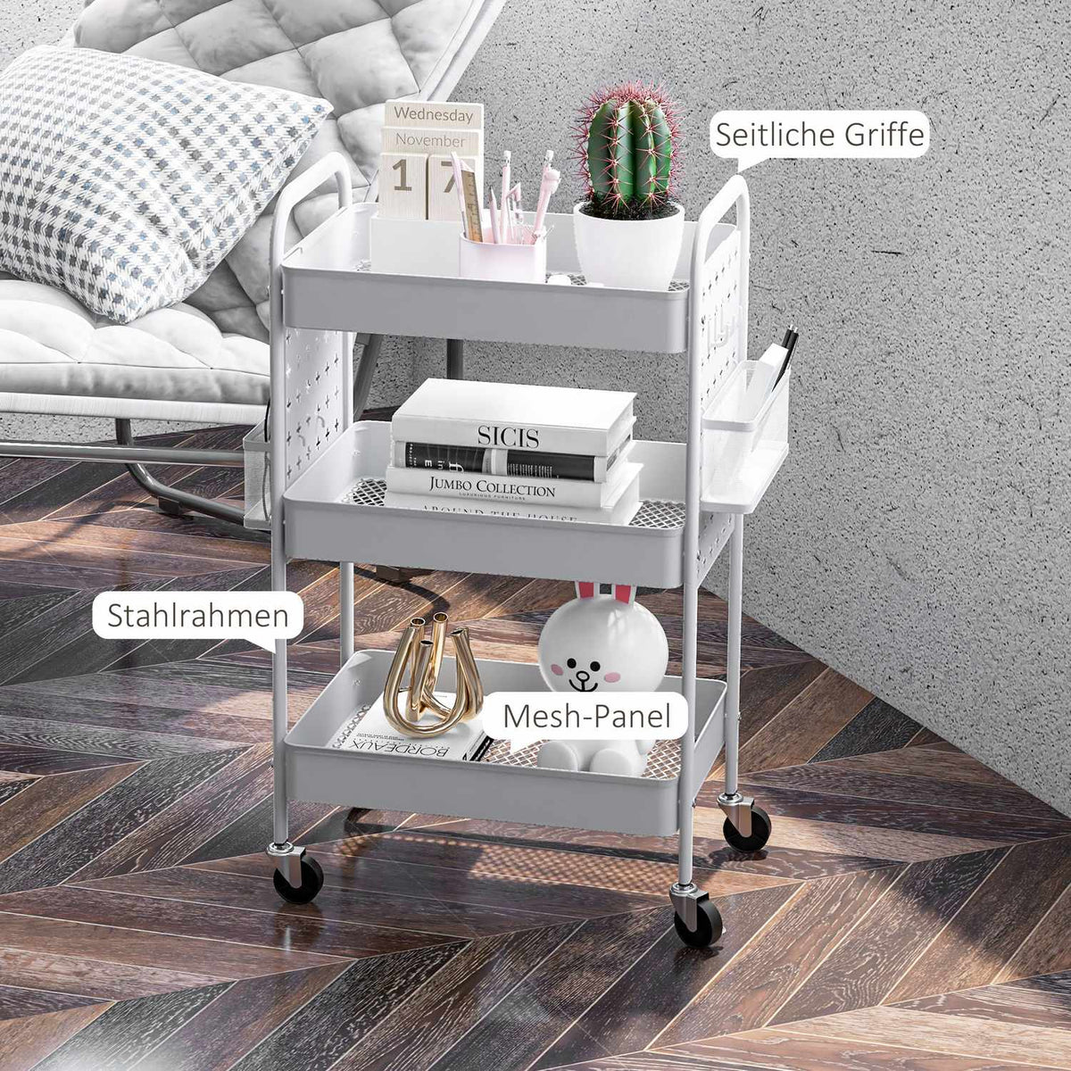 Rolling Trolley Serving Trolley With 3 Tiers & 2 Hanging Baskets Storage Trolley For Kitchen Living Room Steel White