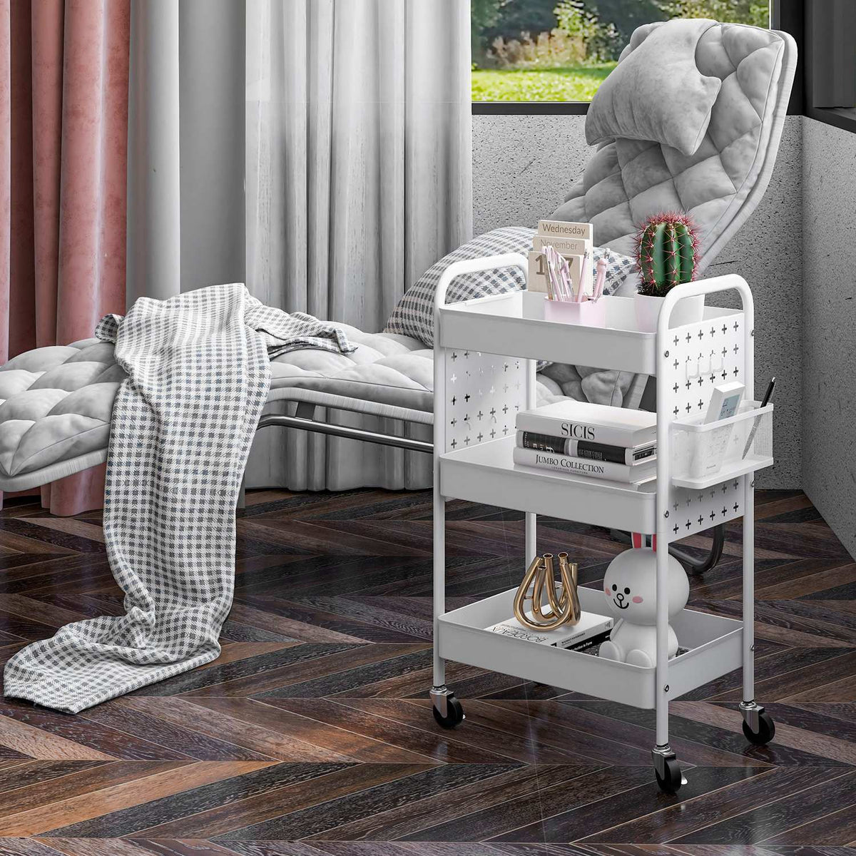 Rolling Trolley Serving Trolley With 3 Tiers & 2 Hanging Baskets Storage Trolley For Kitchen Living Room Steel White