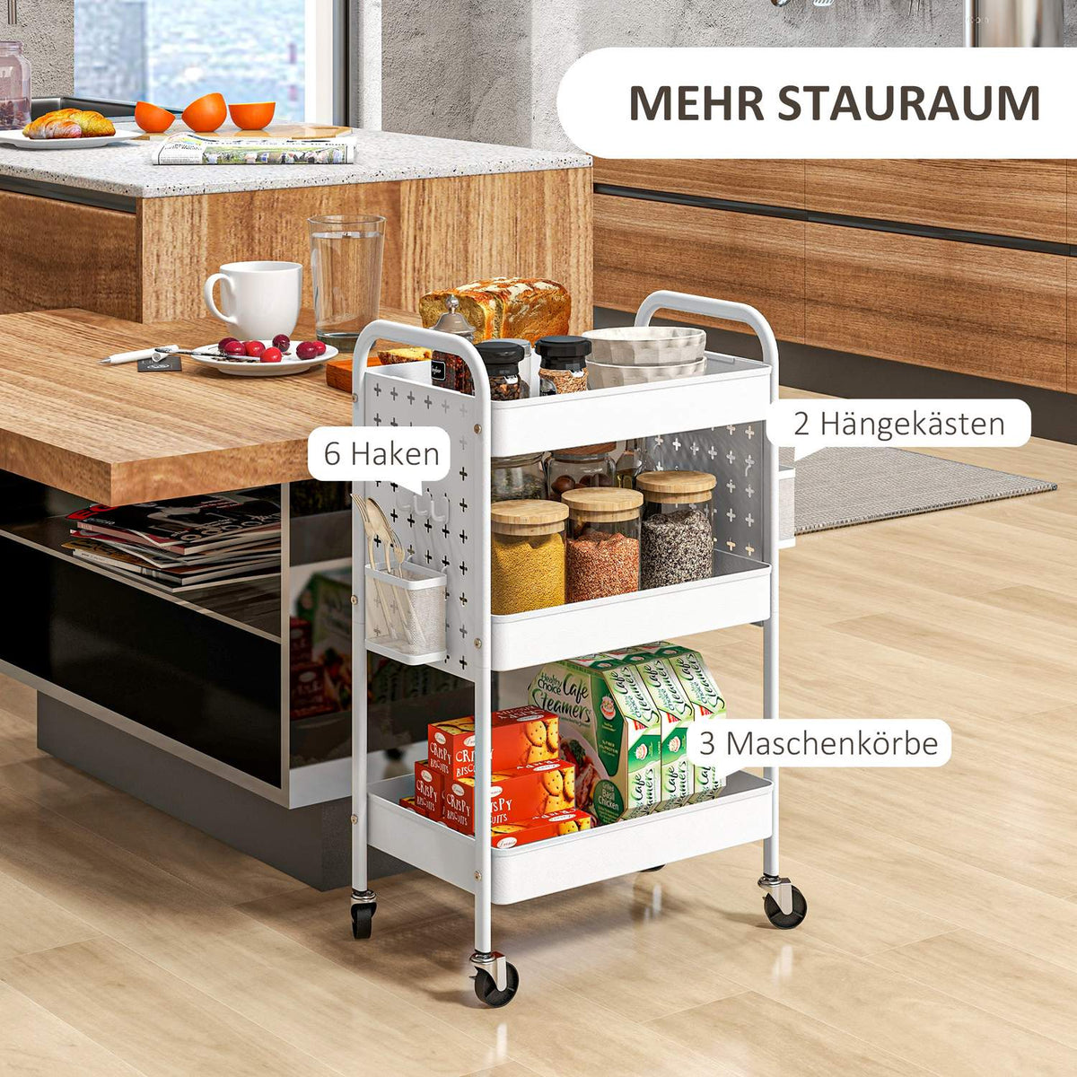 Rolling Trolley Serving Trolley With 3 Tiers & 2 Hanging Baskets Storage Trolley For Kitchen Living Room Steel White
