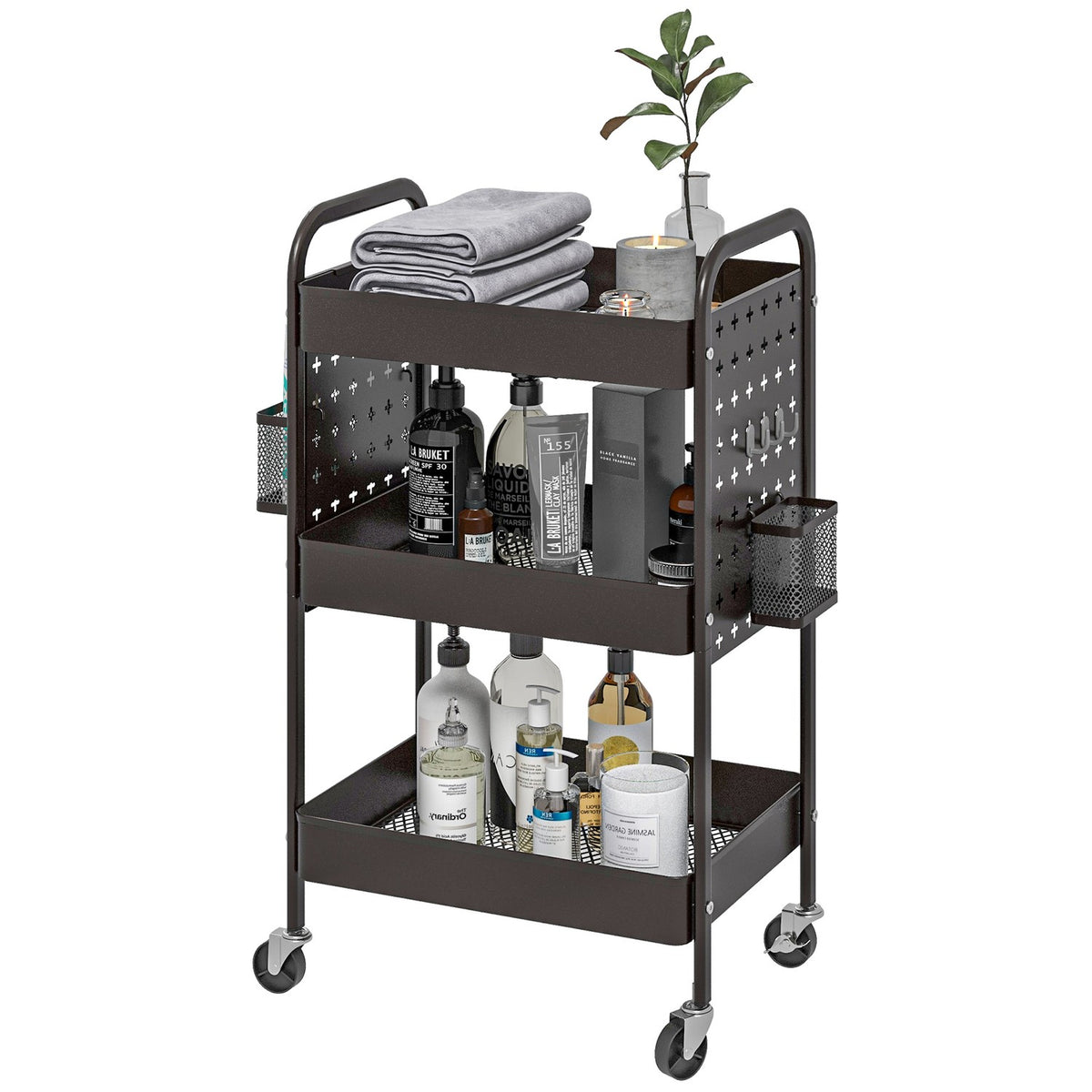 Rolling Trolley Serving Trolley With 3 Tiers & 2 Hanging Baskets, Storage Trolley With Handle, Kitchen Trolley, Steel, Black