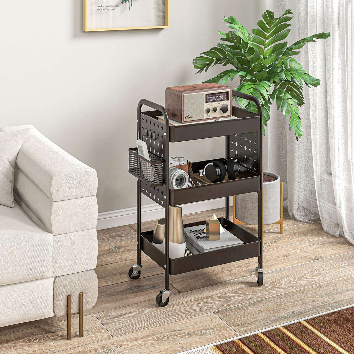 Rolling Trolley Serving Trolley With 3 Tiers & 2 Hanging Baskets, Storage Trolley With Handle, Kitchen Trolley, Steel, Black