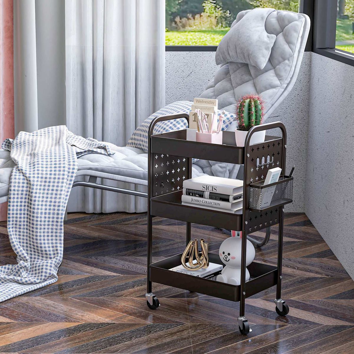 Rolling Trolley Serving Trolley With 3 Tiers & 2 Hanging Baskets, Storage Trolley With Handle, Kitchen Trolley, Steel, Black