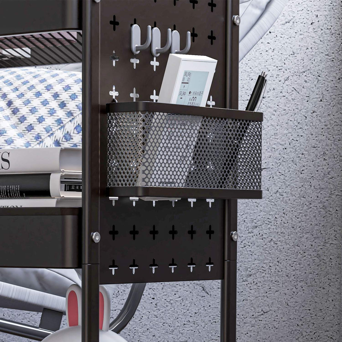 Rolling Trolley Serving Trolley With 3 Tiers & 2 Hanging Baskets, Storage Trolley With Handle, Kitchen Trolley, Steel, Black