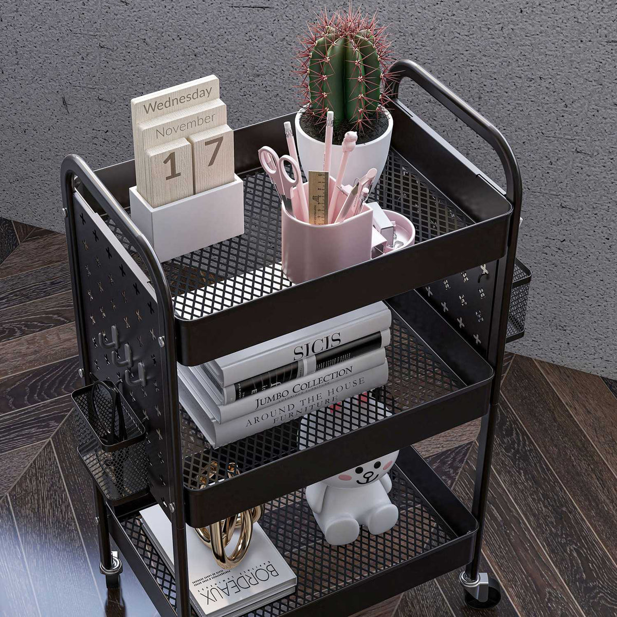 Rolling Trolley Serving Trolley With 3 Tiers & 2 Hanging Baskets, Storage Trolley With Handle, Kitchen Trolley, Steel, Black
