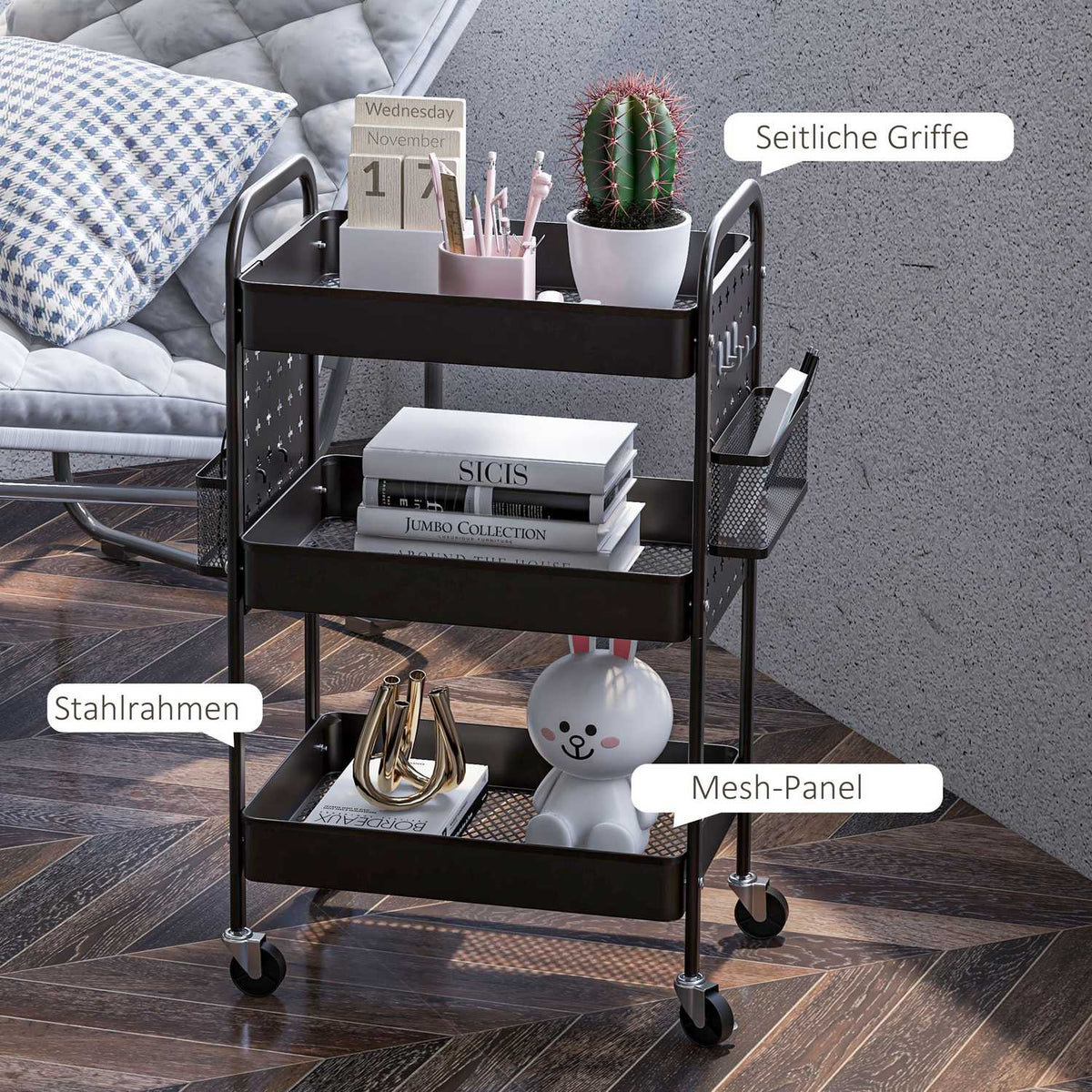 Rolling Trolley Serving Trolley With 3 Tiers & 2 Hanging Baskets, Storage Trolley With Handle, Kitchen Trolley, Steel, Black
