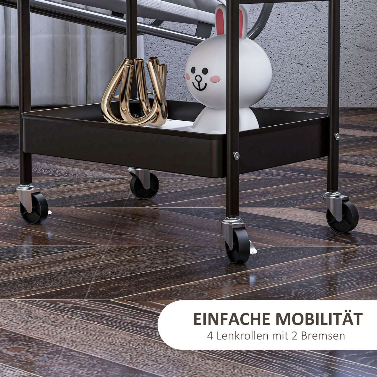 Rolling Trolley Serving Trolley With 3 Tiers & 2 Hanging Baskets, Storage Trolley With Handle, Kitchen Trolley, Steel, Black