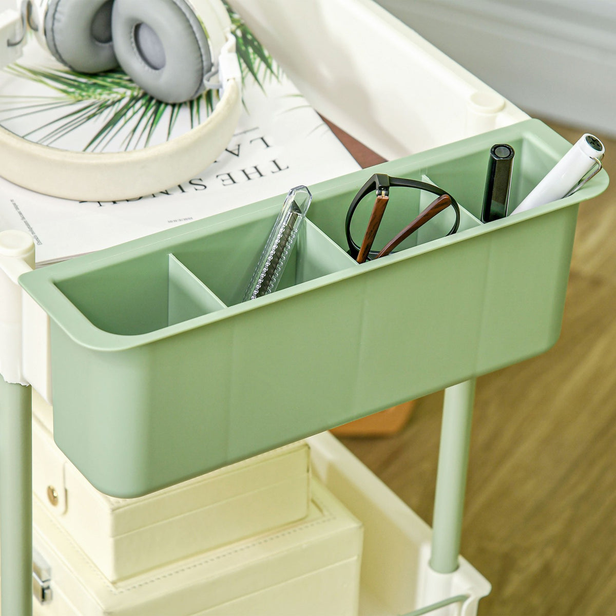 Rolling Trolley, Serving Trolley With 3 Tiers And Hanging Basket, Storage Trolley With Handle, Kitchen Trolley, Steel, White