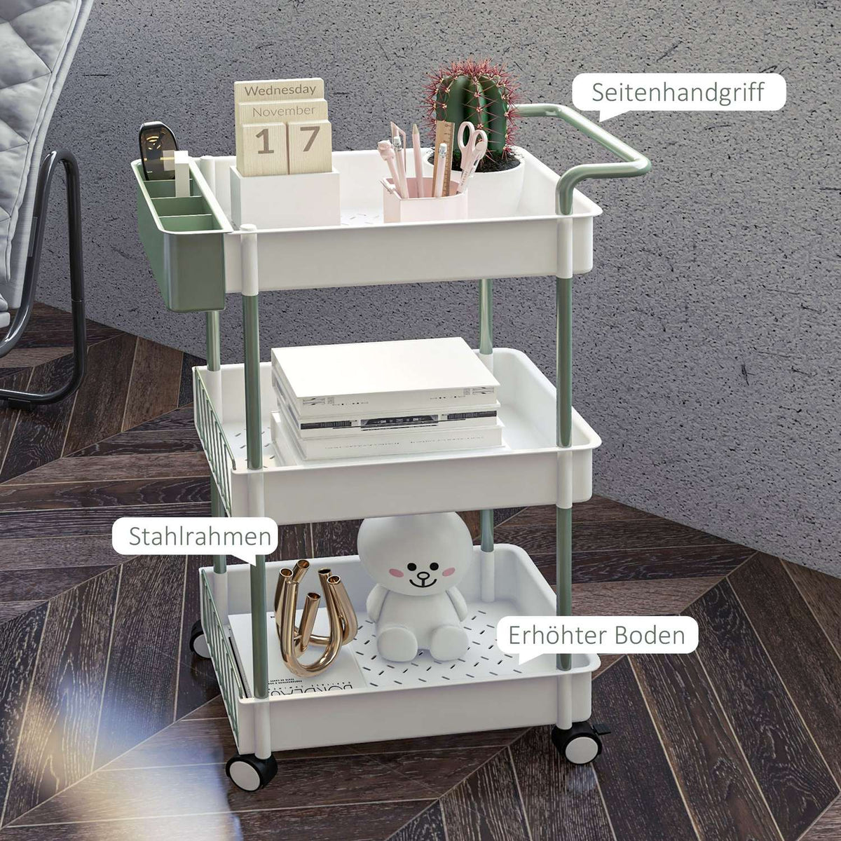 Rolling Trolley, Serving Trolley With 3 Tiers And Hanging Basket, Storage Trolley With Handle, Kitchen Trolley, Steel, White
