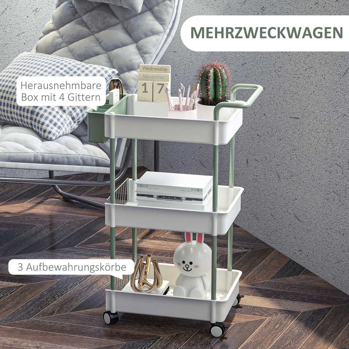 Rolling Trolley, Serving Trolley With 3 Tiers And Hanging Basket, Storage Trolley With Handle, Kitchen Trolley, Steel, White