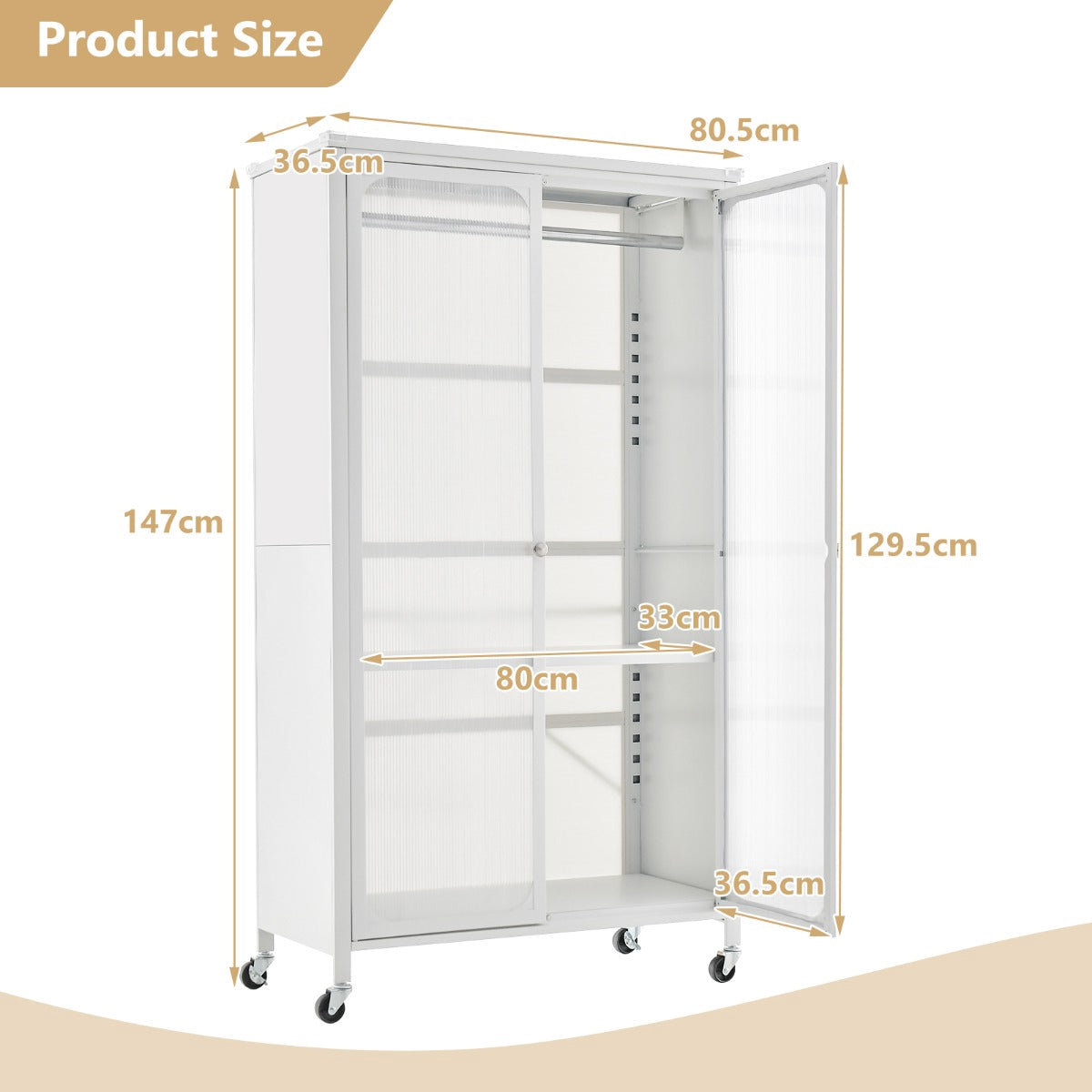 Rolling Wardrobe Closet, Hanging Rod, Shelf, White