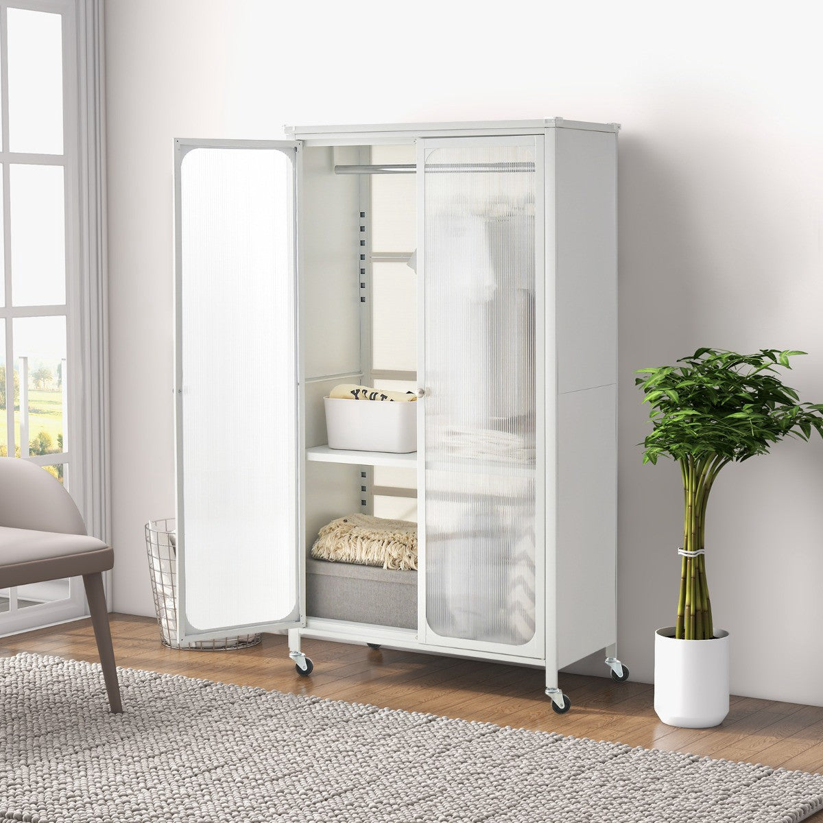 Rolling Wardrobe Closet, Hanging Rod, Shelf, White