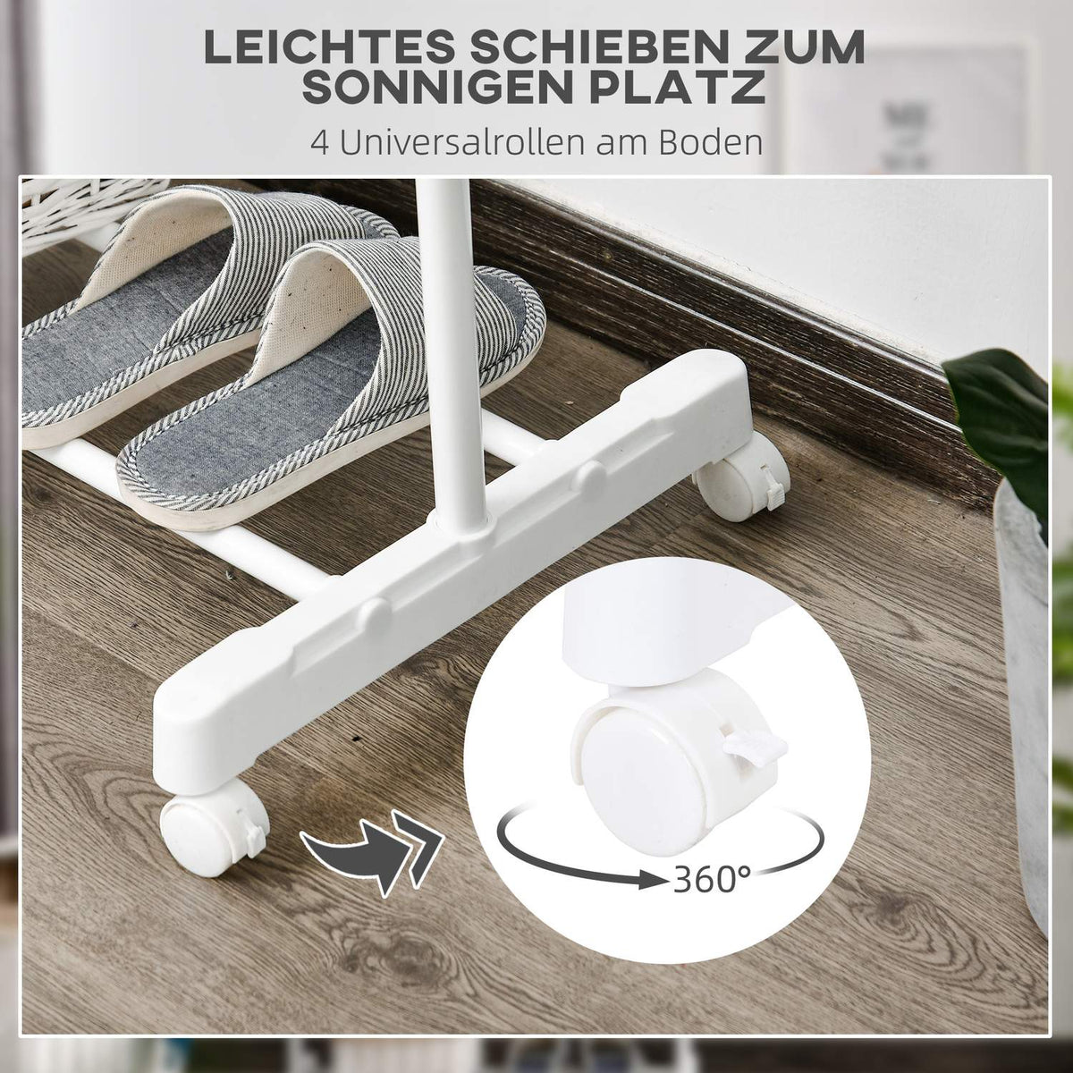 Rolling coat rack, height-adjustable, with lower shelf, 4 wheels, white