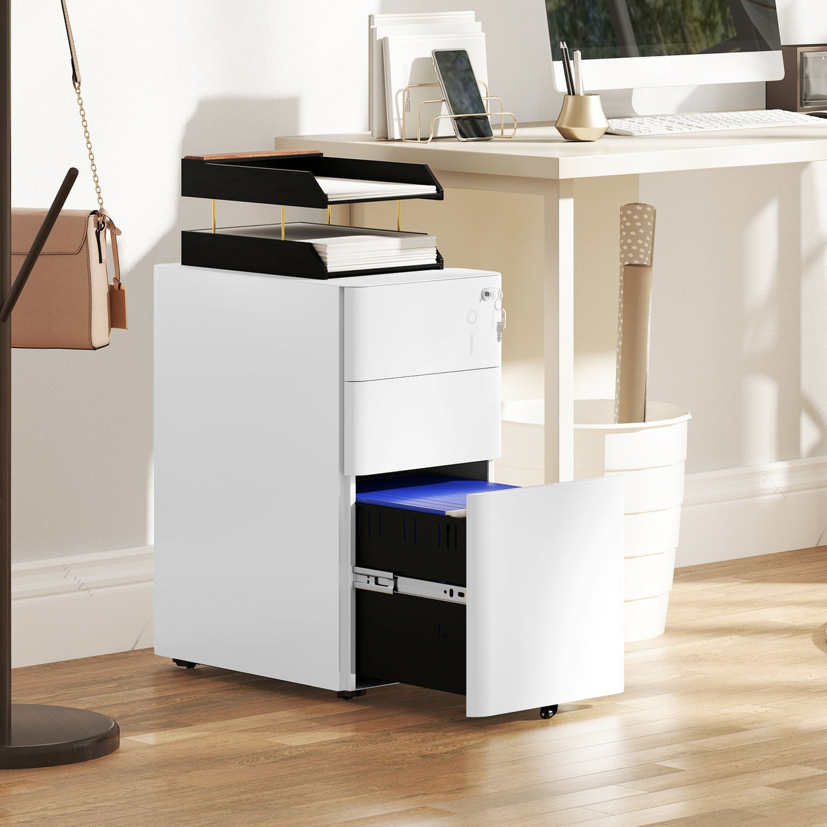 Rolling container, mobile filing cabinet with 3 drawers, lockable office cabinet, narrow with pre-assembled body except wheels for A4, legal, letter, steel, 30 x 45 x 59 cm white |