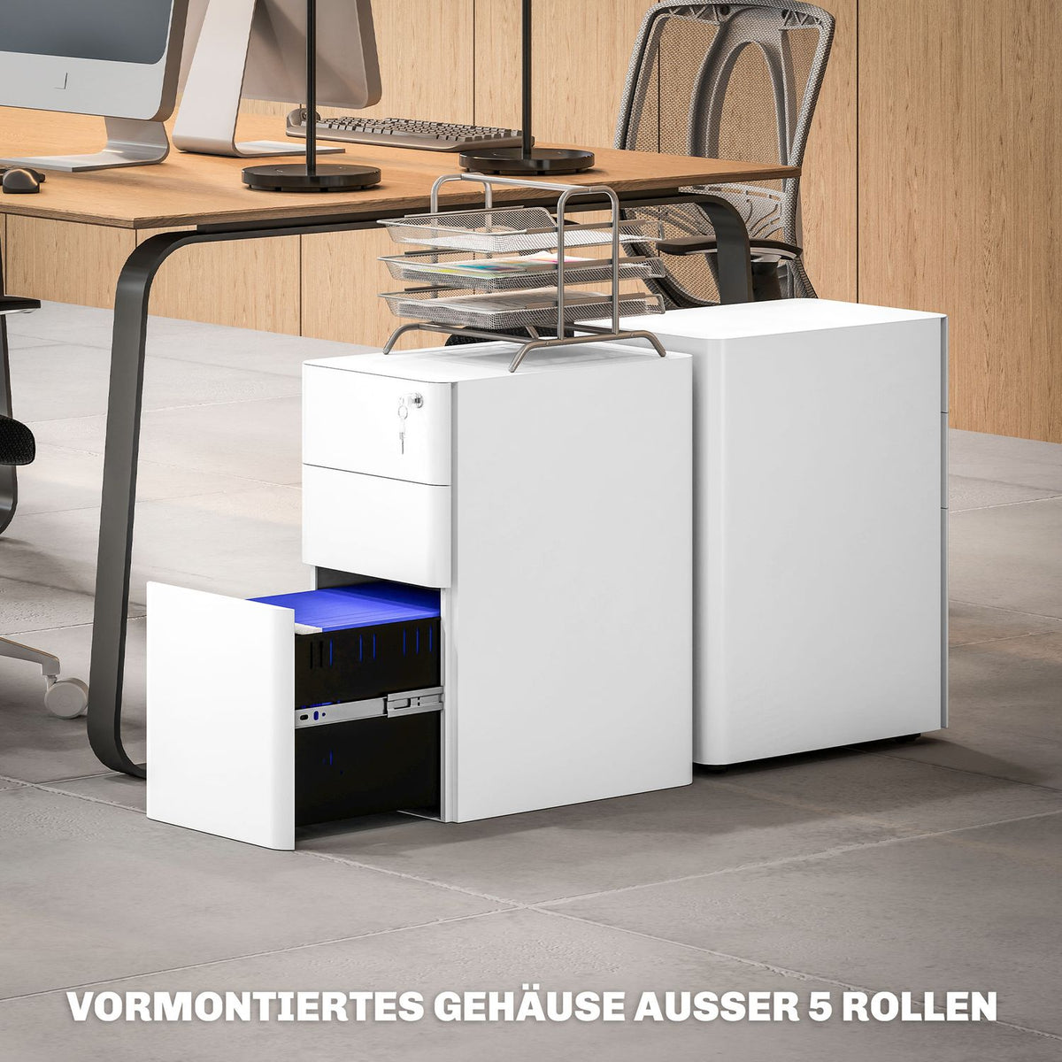 Rolling container, mobile filing cabinet with 3 drawers, lockable office cabinet, narrow with pre-assembled body except wheels for A4, legal, letter, steel, 30 x 45 x 59 cm white |