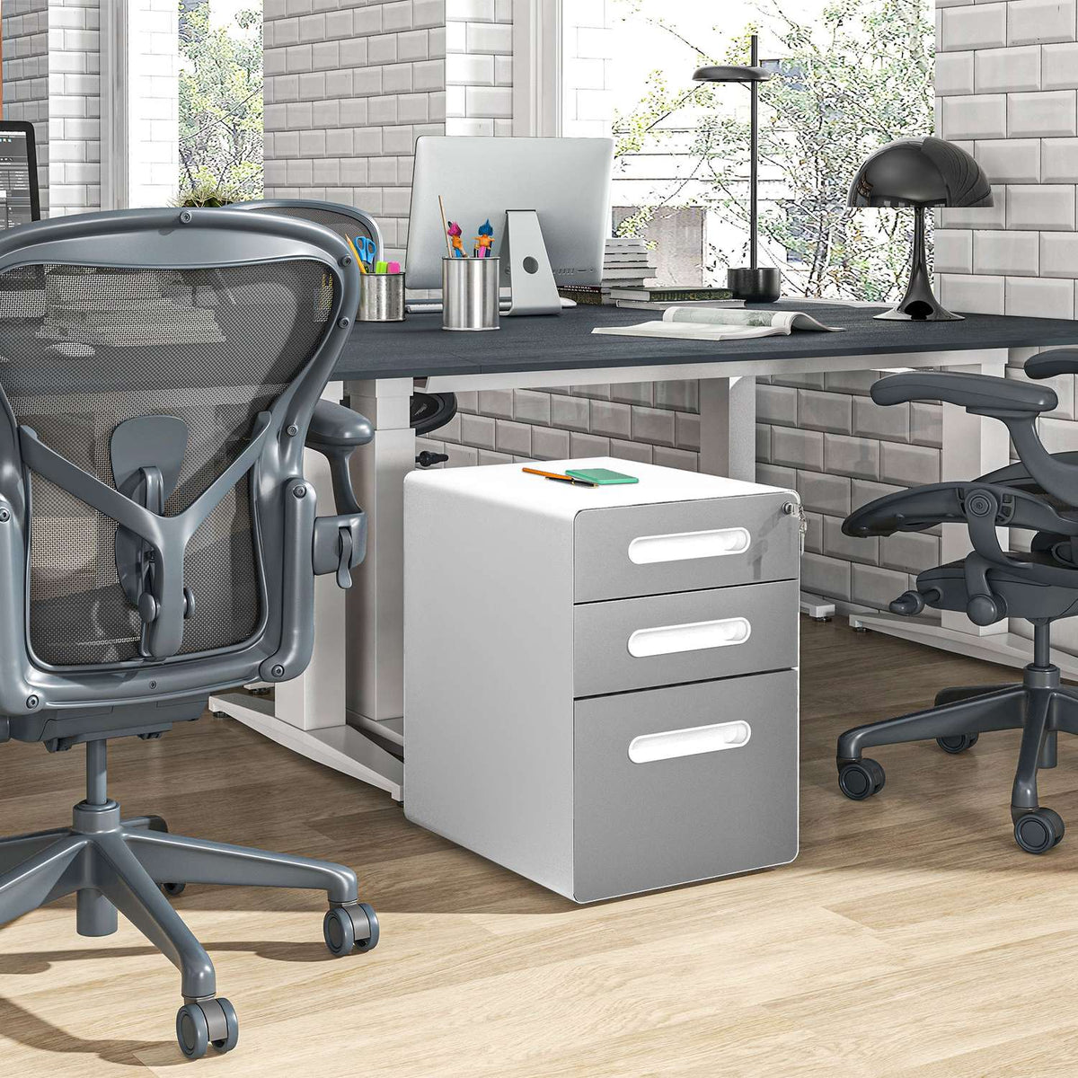 Rolling container, mobile filing cabinet with 3 drawers, lockable office cabinet with hanging file, storage, steel, 39 x 48 x 59 cm light gray