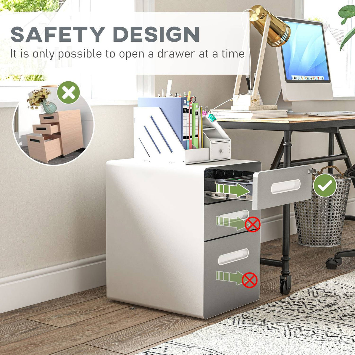 Rolling container, mobile filing cabinet with 3 drawers, lockable office cabinet with hanging file, storage, steel, 39 x 48 x 59 cm light gray