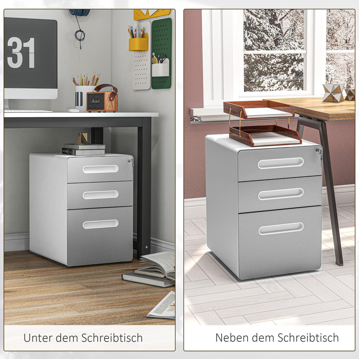 Rolling container, mobile filing cabinet with 3 drawers, lockable office cabinet with hanging file, storage, steel, 39 x 48 x 59 cm light gray