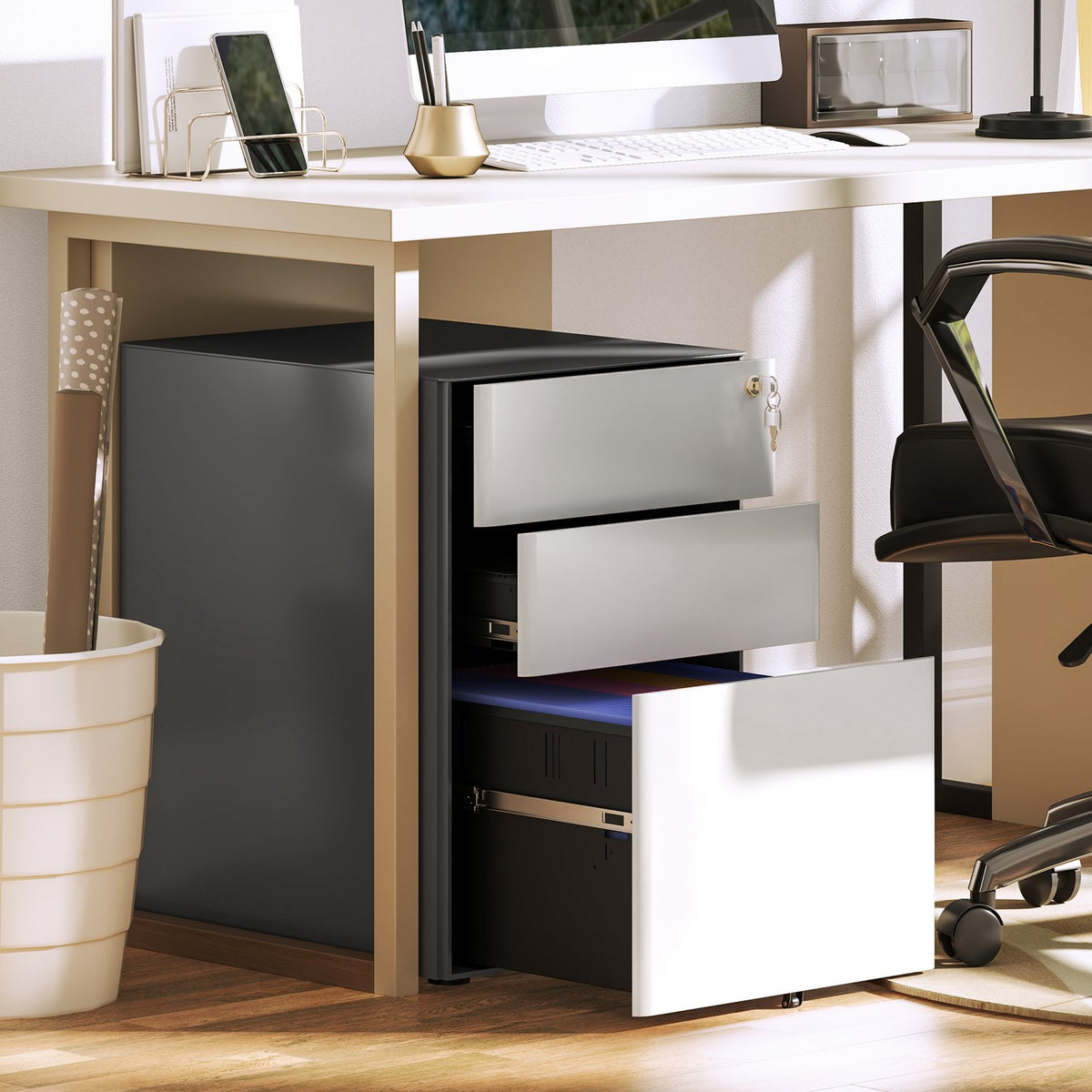 Rolling container, mobile filing cabinet with 3 drawers, lockable office cabinet with hanging file, storage, steel, 39 x 48 x 59 cm white + gray