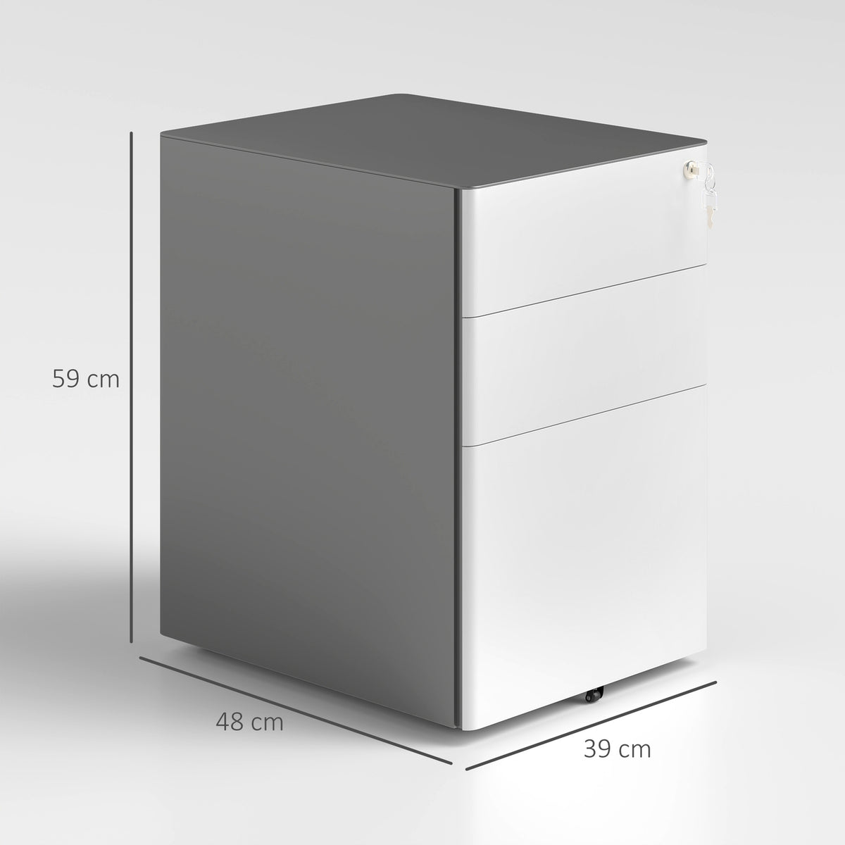 Rolling container, mobile filing cabinet with 3 drawers, lockable office cabinet with hanging file, storage, steel, 39 x 48 x 59 cm white + gray