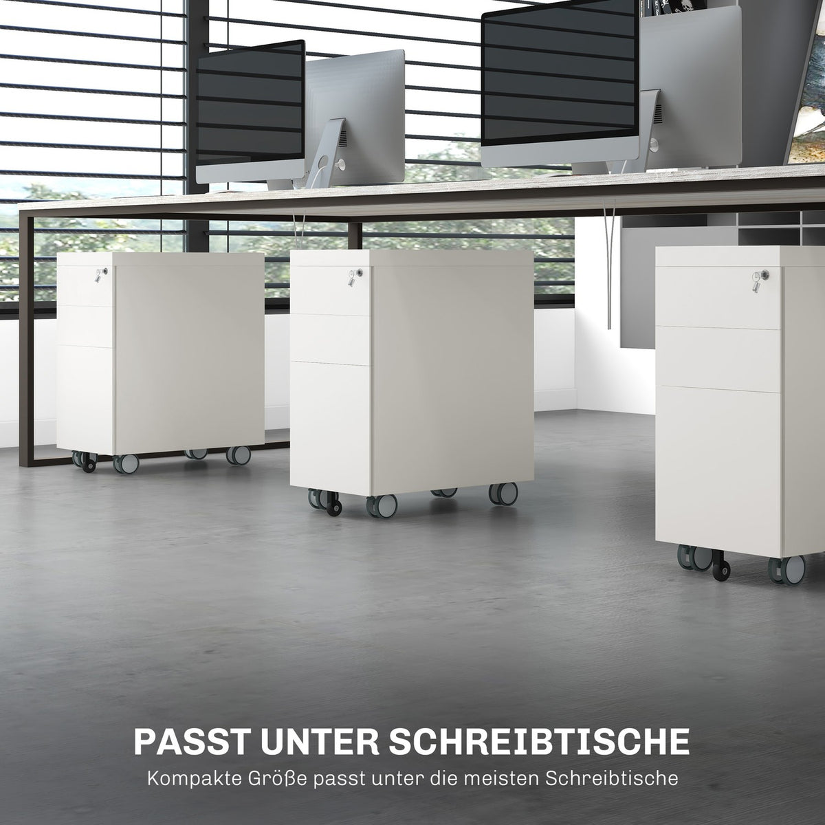 Rolling container with 3 drawers, filing cabinet with lock, top opening, office cabinet for letter format, A4 Legal, 30x50x61cm, white