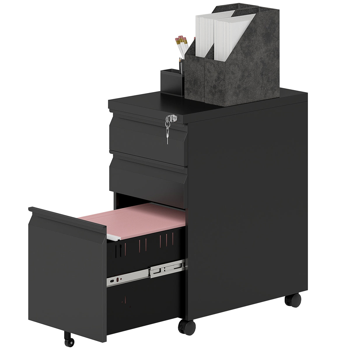 Rolling container with 3 drawers, mobile filing cabinet with wheels, lockable, office cabinet with hanging file, pen tray for office, home office, 30 x 43.5 x 60 cm, black |