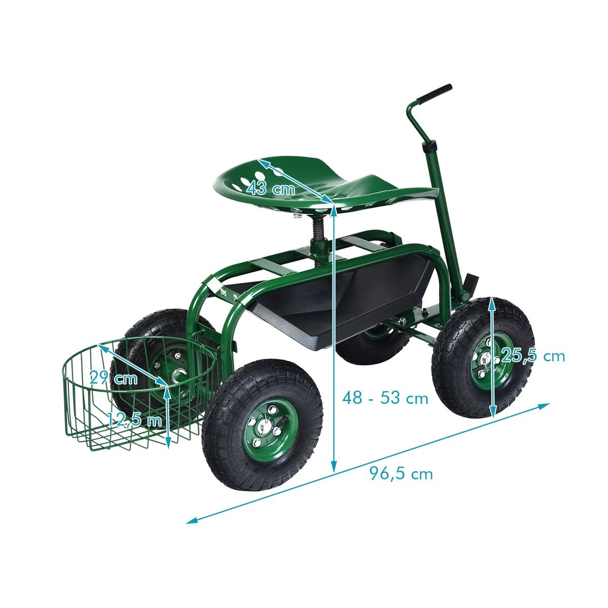 Rolling seat with wheels & Extendable handle & Basket 360° rotating garden cart garden seat 96.5 x 47.5 x 47-55 cm