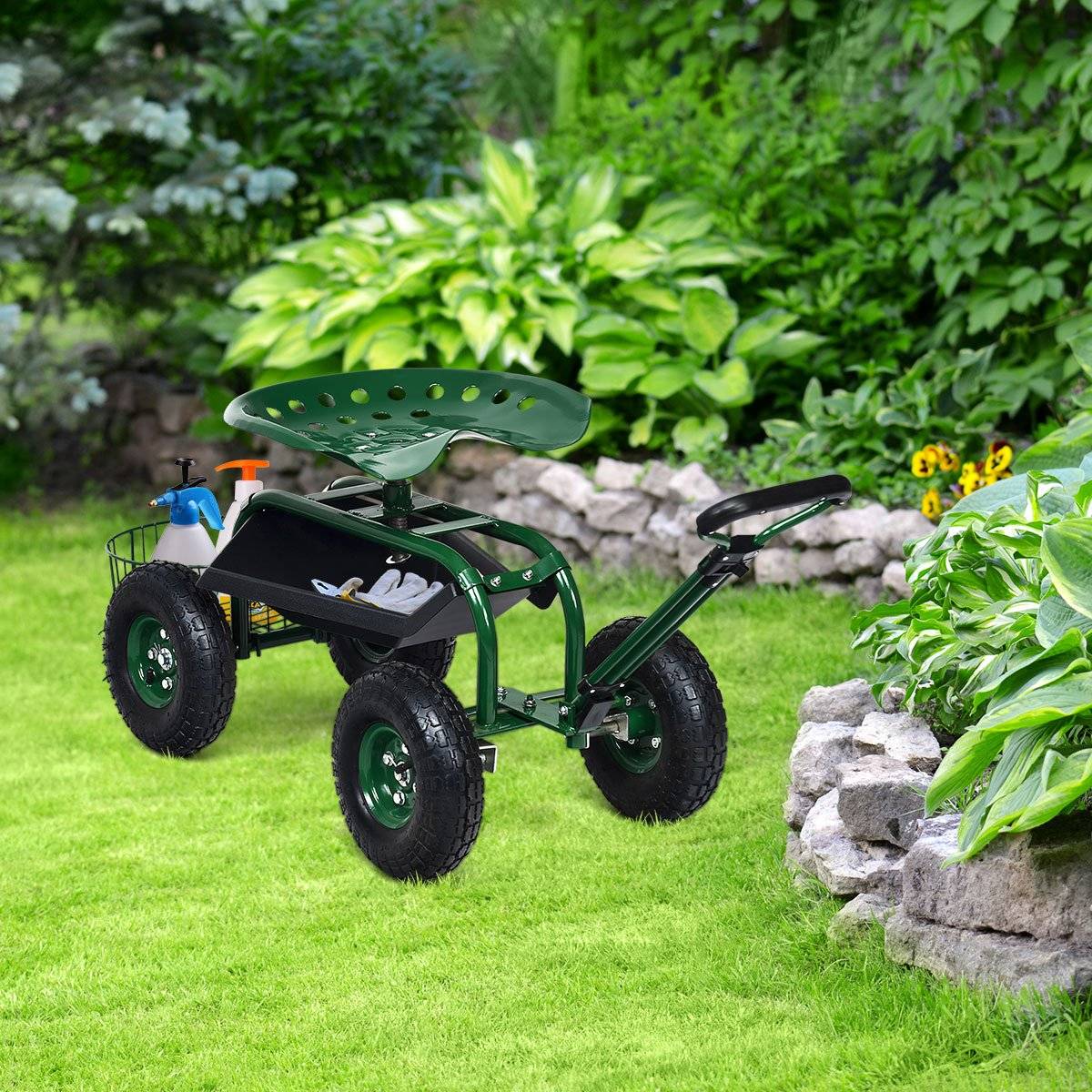 Rolling seat with wheels & Extendable handle & Basket 360° rotating garden cart garden seat 96.5 x 48.5 x 45.5-54.5 cm