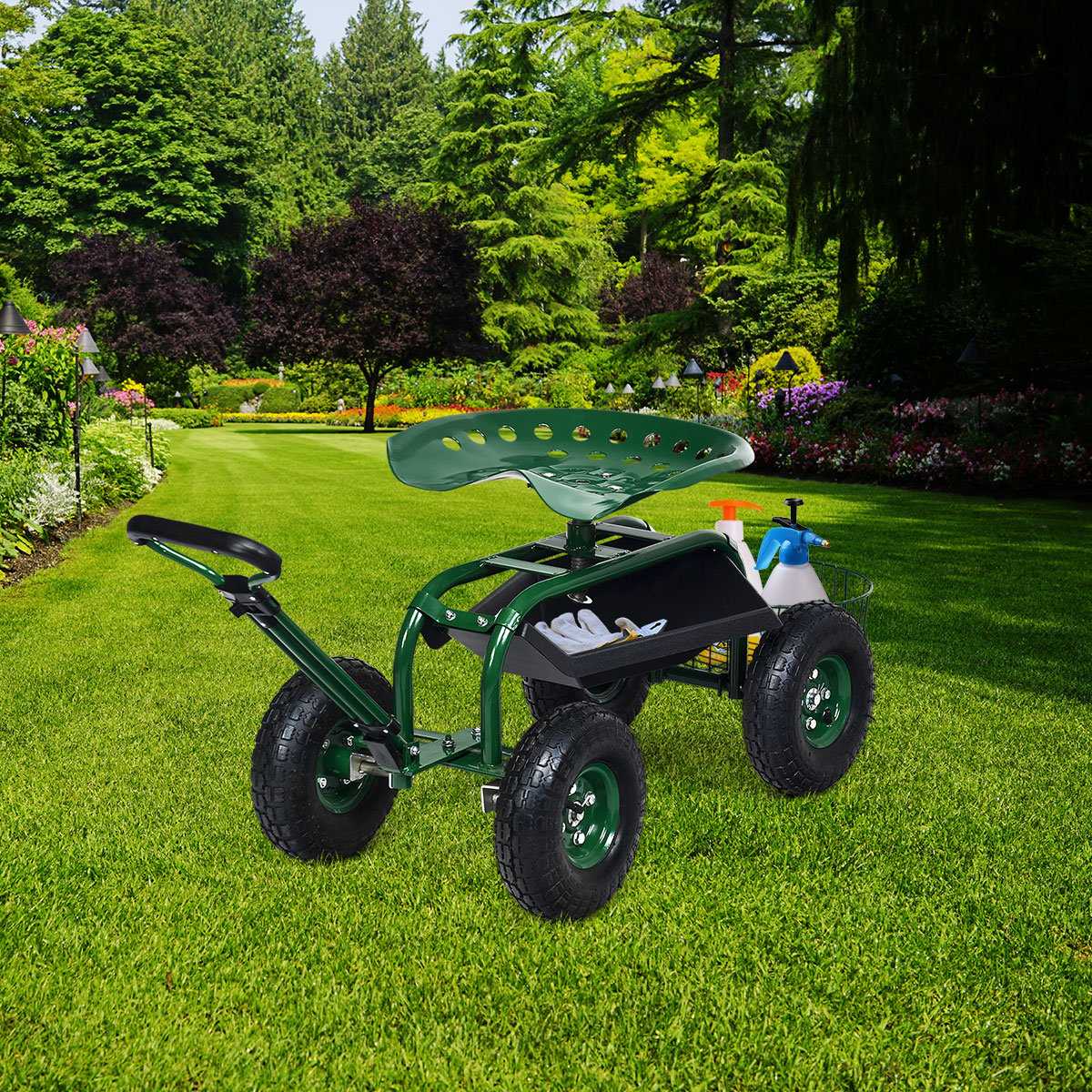 Rolling seat with wheels & Extendable handle & Basket 360° rotating garden cart garden seat 96.5 x 48.5 x 45.5-54.5 cm