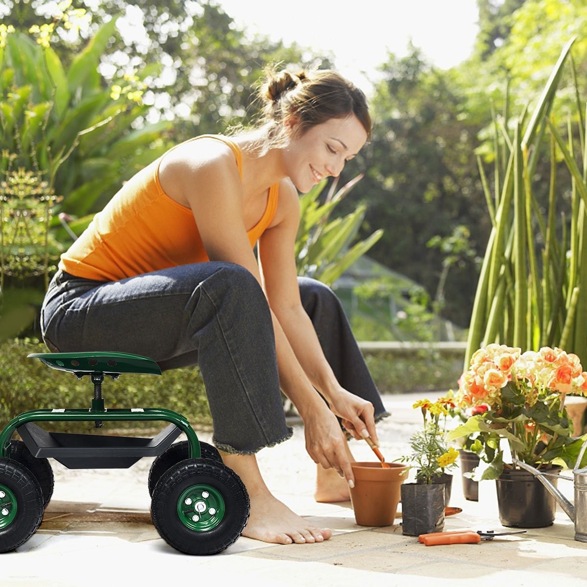 Rolling seat with wheels & Extendable handle & Basket 360° rotating garden cart garden seat 96.5 x 48.5 x 45.5-54.5 cm