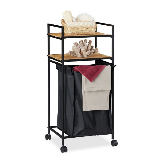 Rolling shelf for bathroom with laundry bag