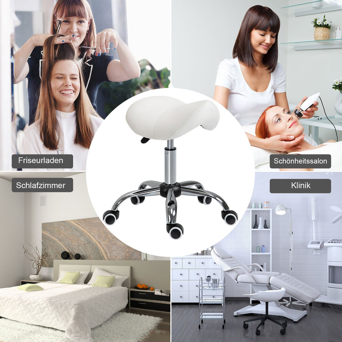 Rolling stool, height-adjustable, saddle stool, work stool, padded, white