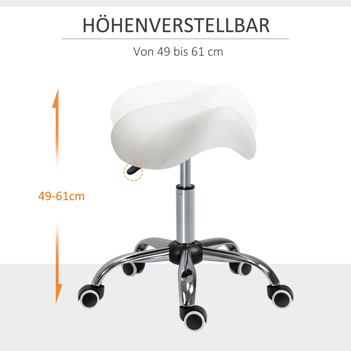 Rolling stool, height-adjustable, saddle stool, work stool, padded, white
