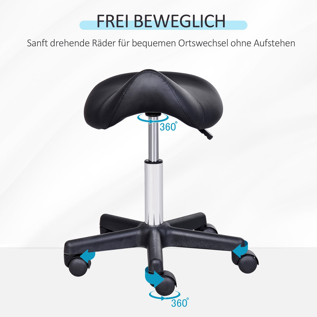 Rolling stool, height-adjustable swivel stool, work stool with wheels, rotating salon chair, salon stool, faux leather, black