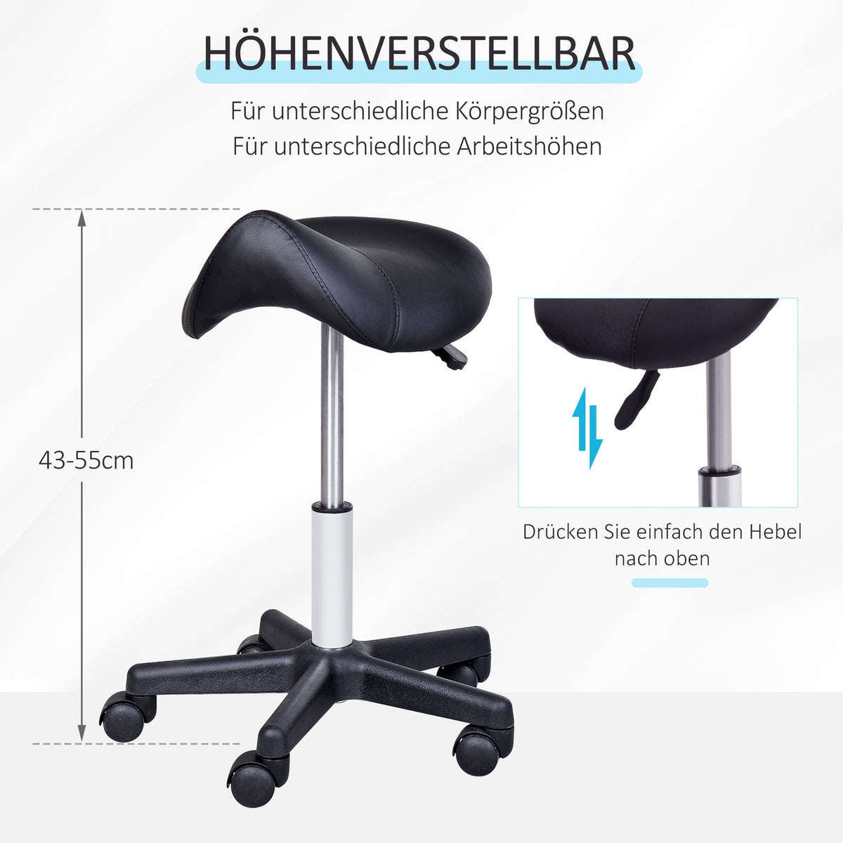 Rolling stool, height-adjustable swivel stool, work stool with wheels, rotating salon chair, salon stool, faux leather, black
