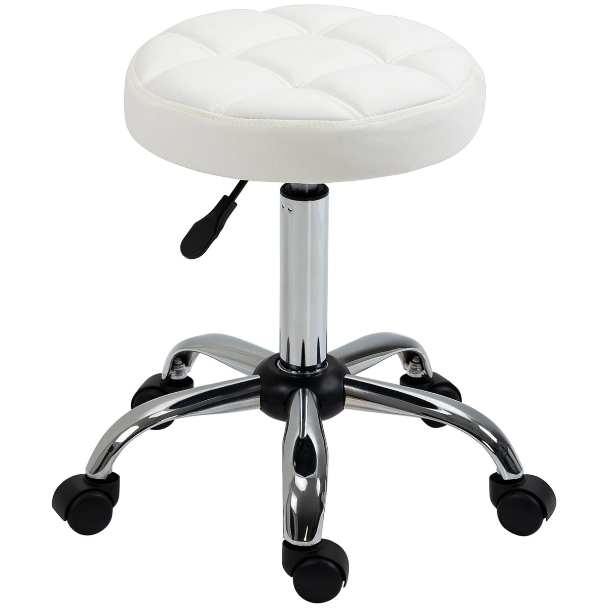 Rolling stool, height-adjustable work stool, rotating salon stool for office, massage, faux leather, white, diameter 35.5 x 51-67 cm