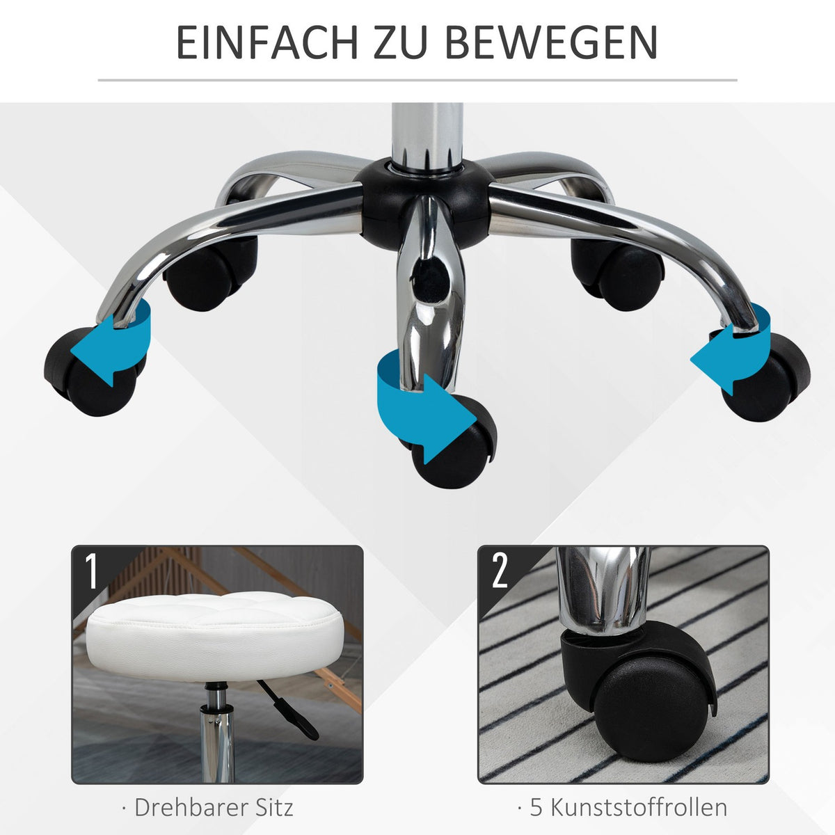 Rolling stool, height-adjustable work stool, rotating salon stool for office, massage, faux leather, white, diameter 35.5 x 51-67 cm