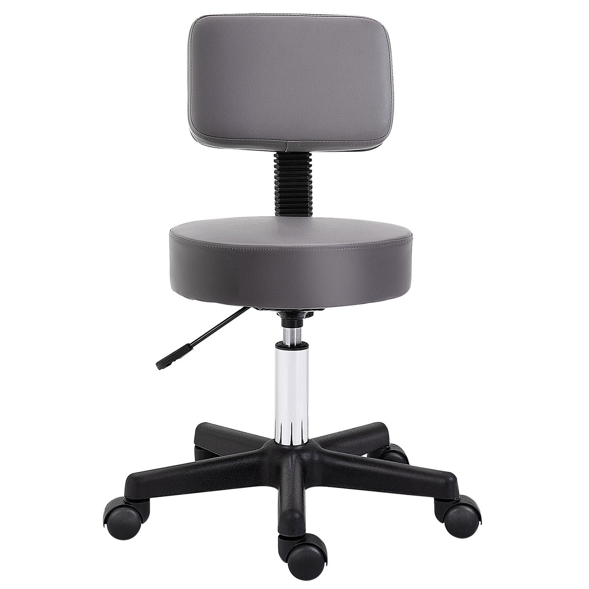 Rolling stool, height-adjustable work stool with backrest, rotating salon stool for massage office, faux leather, gray, diameter 35 x 72-84 cm