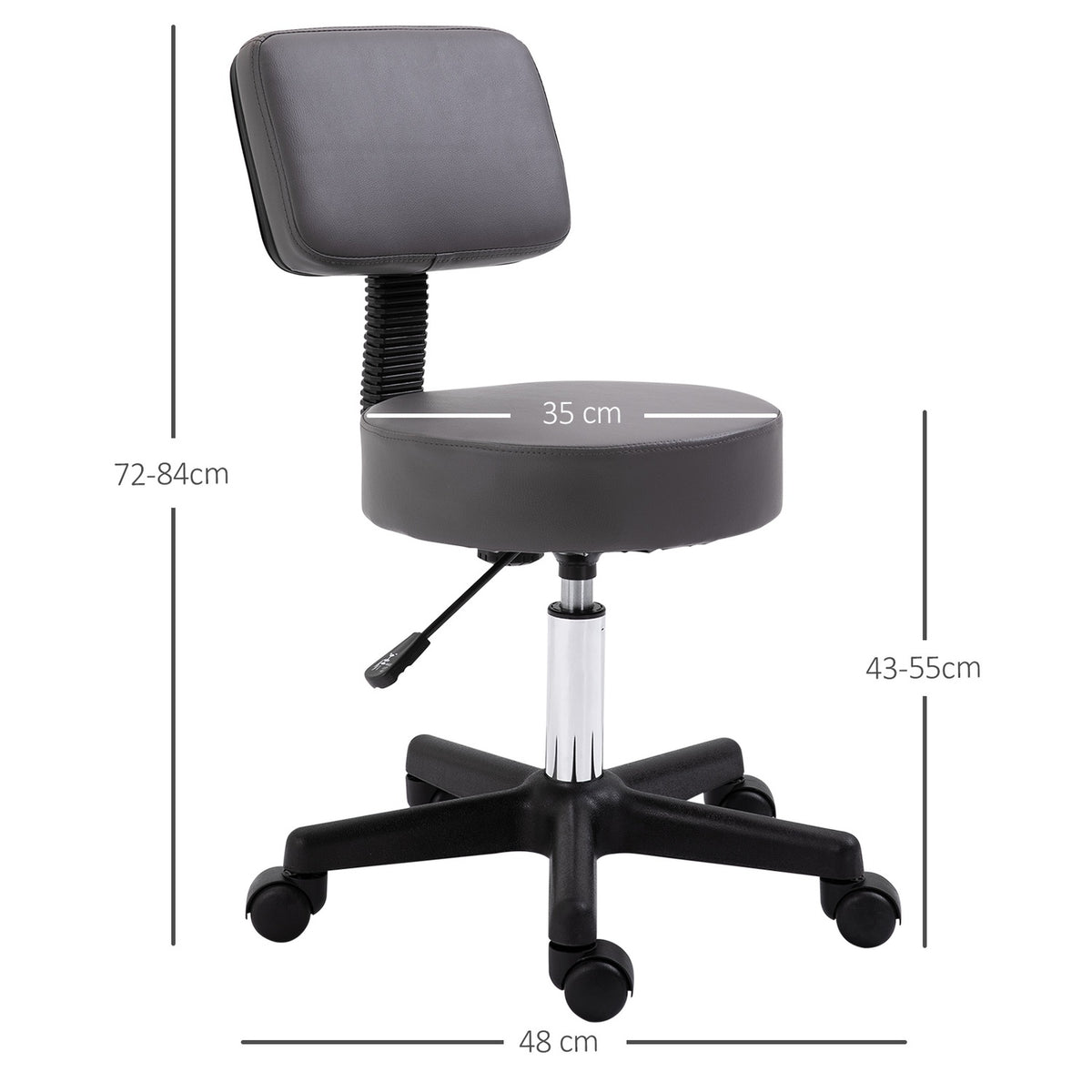Rolling stool, height-adjustable work stool with backrest, rotating salon stool for massage office, faux leather, gray, diameter 35 x 72-84 cm