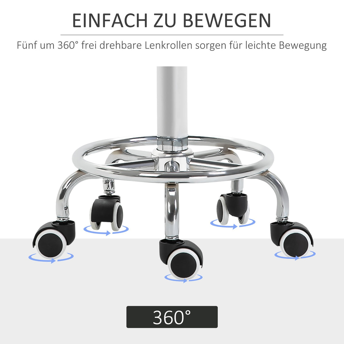 Rolling stool, height-adjustable work stool with foot ring, rotating salon stool, swivel stool with wheels, black, Ø42 x 50-64 cm